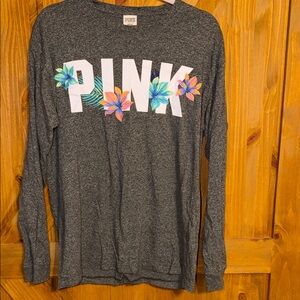 PINK Victoria's Secret Gray Tee with White Logo and Multicolor Floral Embroidery